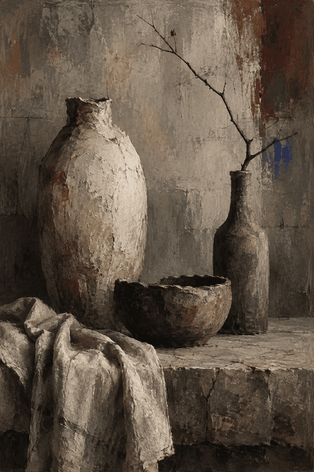 Italian backyard, muted still life with ceramic vessels