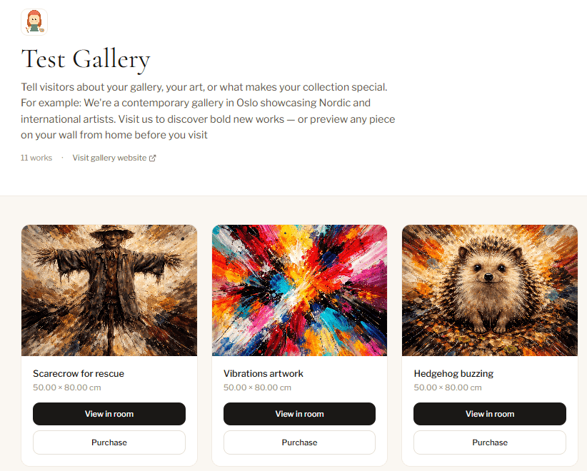 Blenda gallery page showing artwork collection